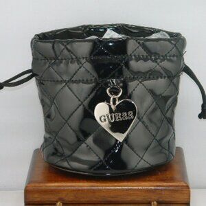 GUESS Black Quilted Patent Leather Mini Drawstring Bag with Heart Charm